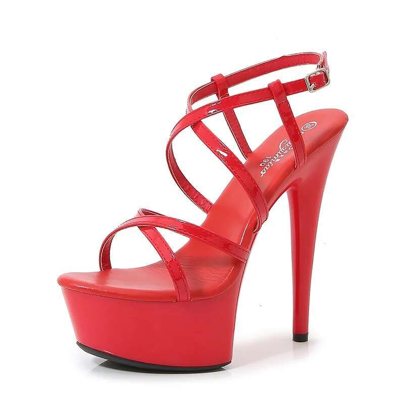 Women's Beige Red Cross Tie 15cm Heel High Waterproof Platform Sandals Dance Shoes LFD-8661-55