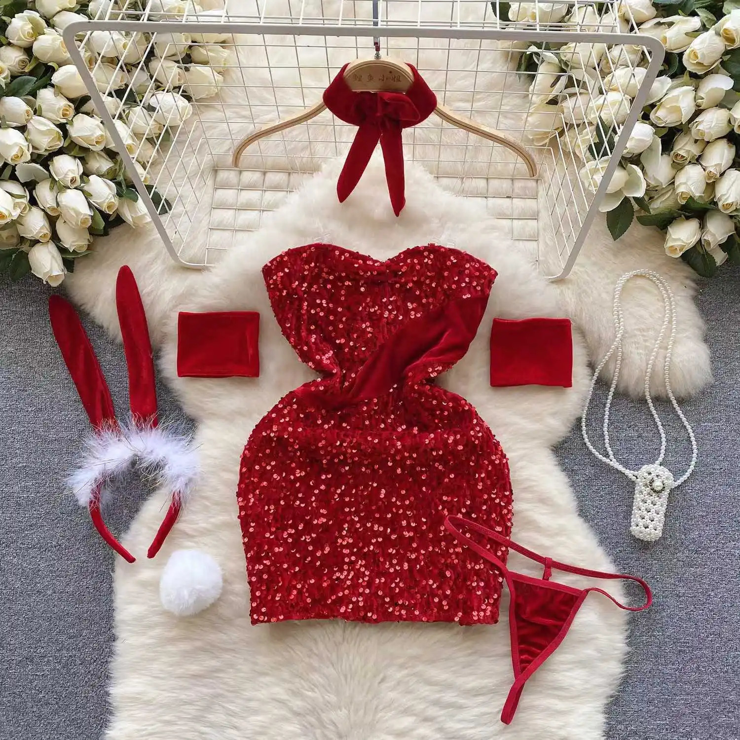 In Christmas Red Short Dress Sexy Sequin Slim Bodycone Strap Club Party Night Rrotic Bunny Cosplay Mini 250319
