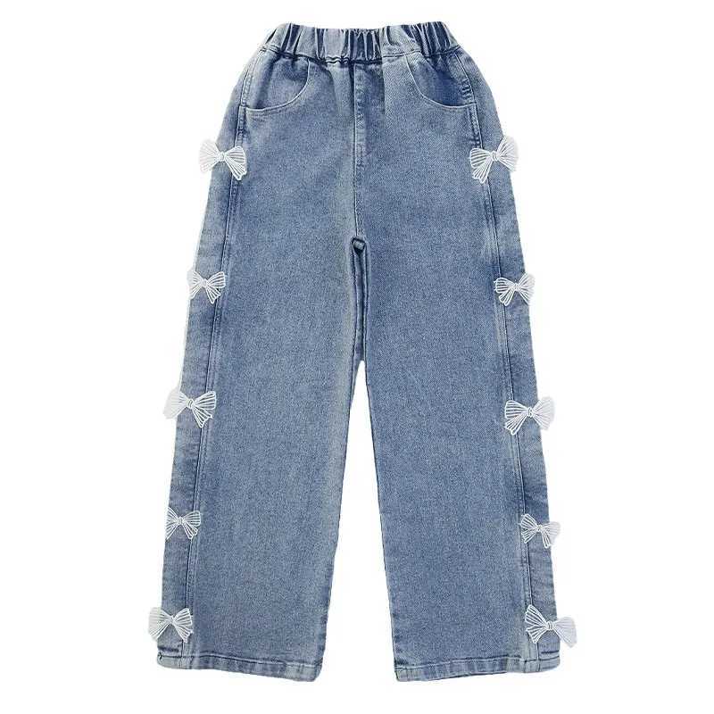 Girls jeans teenagers fashionable clothing solid loose fitting childrens wide leg pants butterfly childrens Trouser girls clothing 14YT2502320