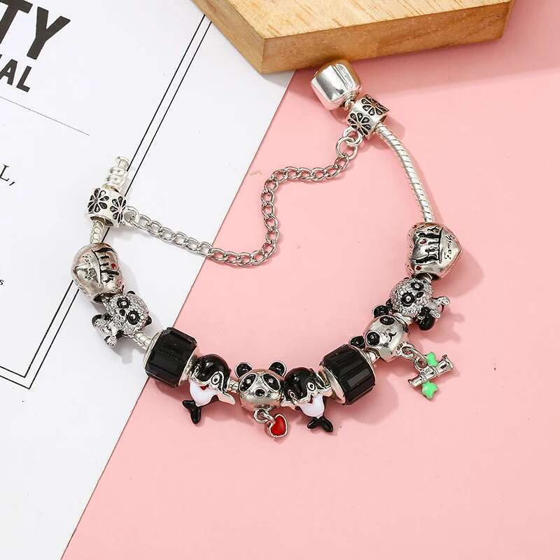 Cute Black Panda Dolphin Beads Charm Bracelets With Silver Plated Chain Bracelet For Women Men Girls Boy Pulseras Jewelry Gift