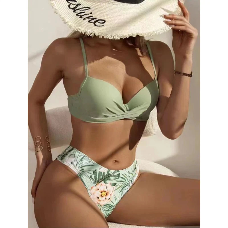 Flower low waist bikini set womens down swimsuit long sleeved three piece beach 250319