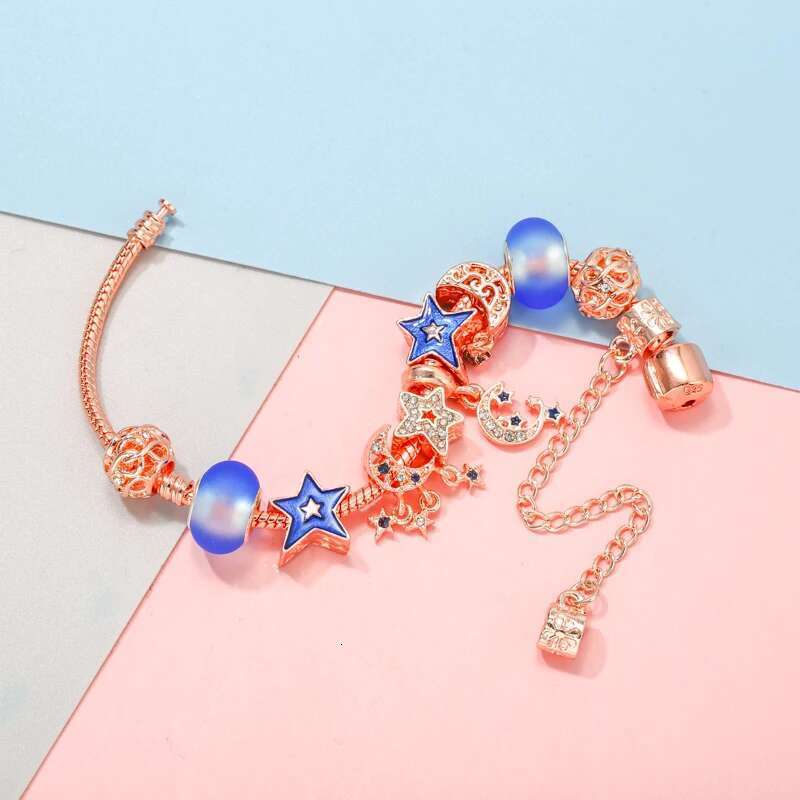 Original Charm Bracelet For Women Blue Crystal Star Beads Pendant DIY Snake Chain High Quality Jewelry Dropshipping