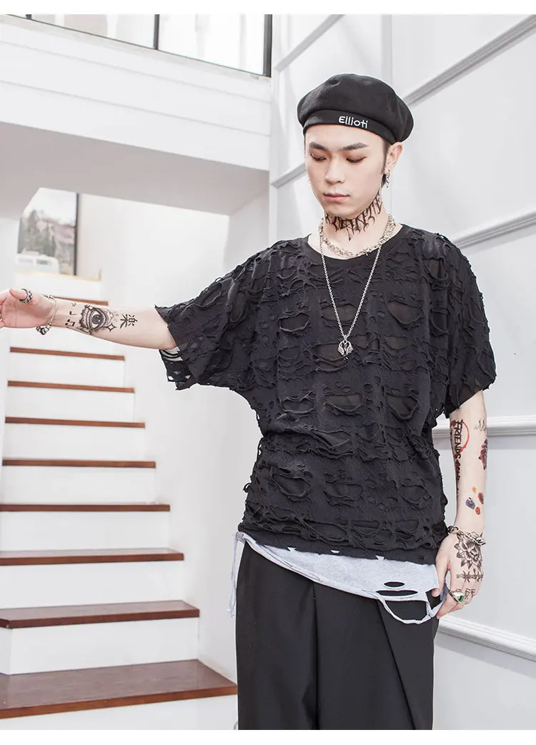 Dark summer personality hole alternative perspective mesh loose short sleeve Tshirt trendy mens ins bottom coat shirt 250320