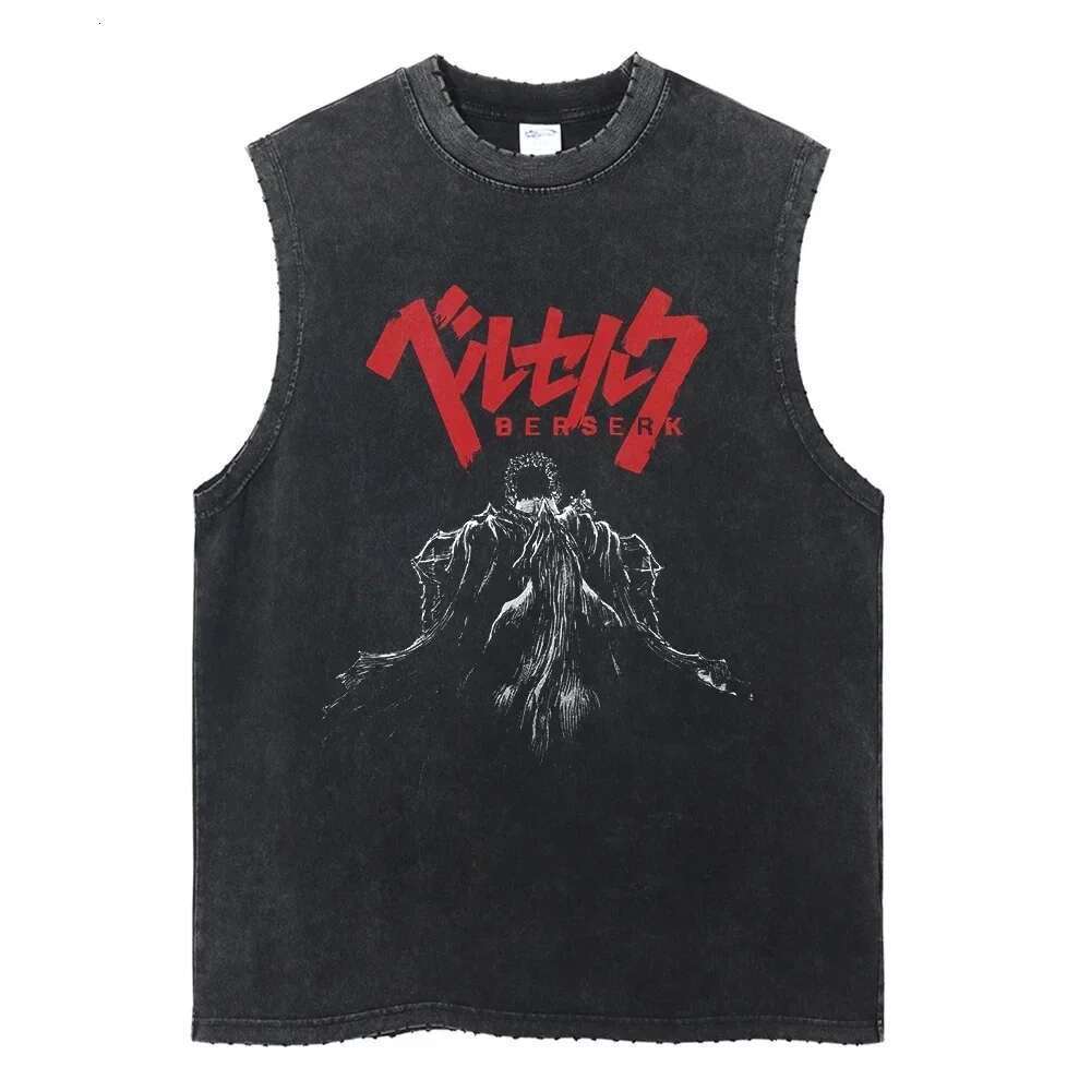 Harajuku street clothing washed anime printed vest fashionable torn casual vest men's summer sleeveless cotton retro vest unisex T-shirt