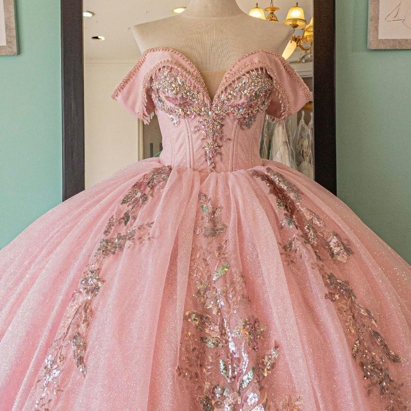 Pink Sparkly Princess Off Shoulder Quinceanera Dresses Sweetheart Sequin Lace Applique Beading Crystal Tull Sweet 16 Ball Gown Vestidos De 15 Anos