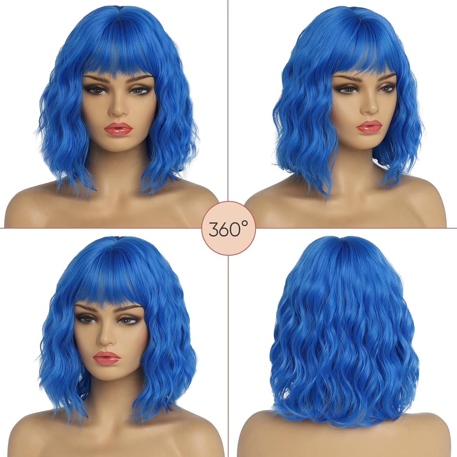 Short Blue Wigs for Women Blue Wavy Bob Wig with Bangs Medium Length Synthetic Hair Water Wave Dark Roots Wig Gray Colorful Wigs