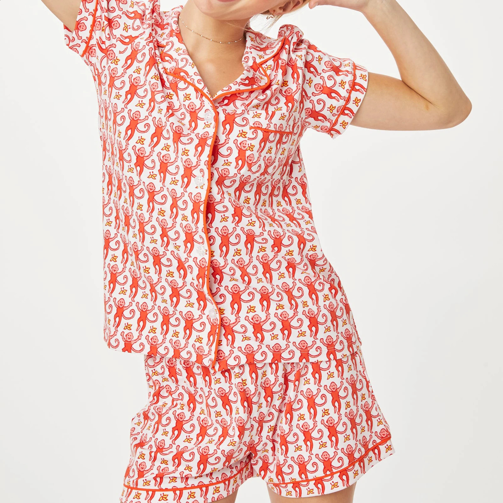 Womens Cute Roller Rabbit Pajamas Monkey Print Sleep Pajama Shorts Set for Women 2 Piece Short Sleeve Preppy Matching Pj Sets 250319