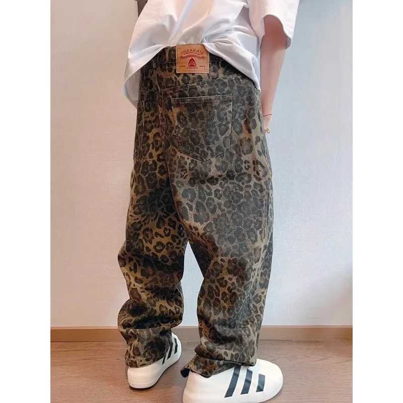Leopard Print Heavy Industry Washed Army Jeans Autumn and Winter Retro Mens and Womens Green Heavy Canvas Work Casual PantsT250319