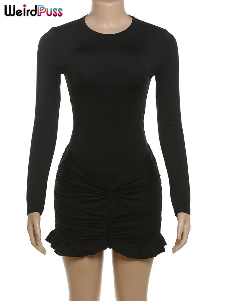 Strange cat pleated knot dress for women in autumn Oneck long sleeved hem casual and elegant elastic solid streetwear mini body 250319