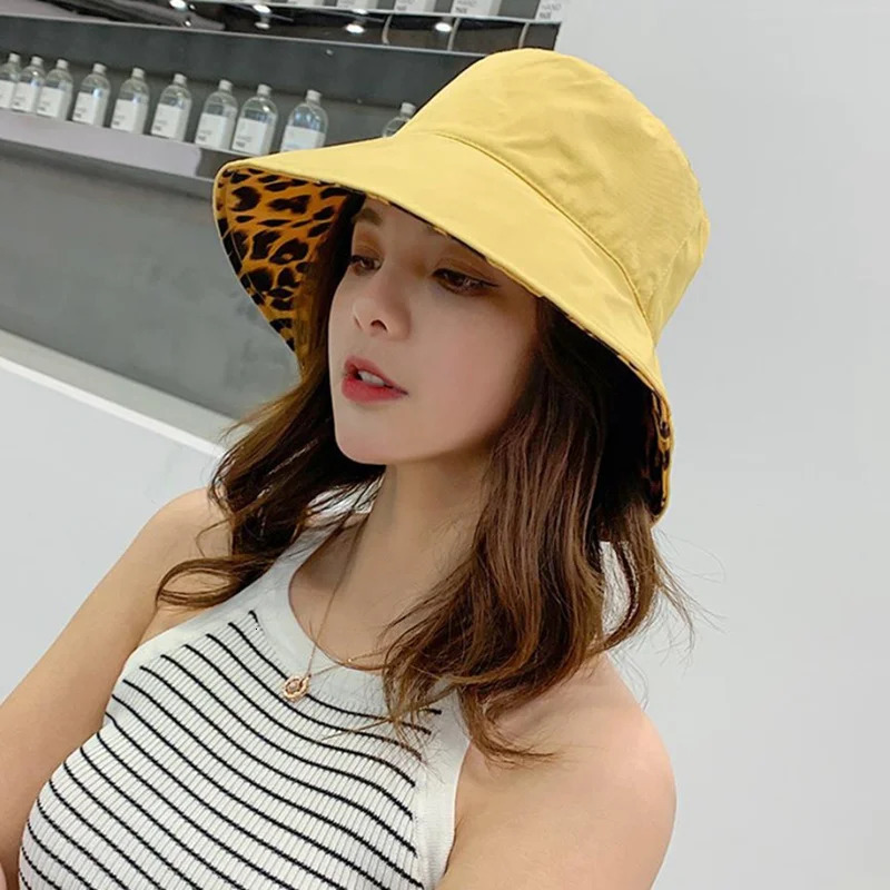 Leopard Reversible Bucket Hat Women Beach Panama Sun Hats Outdoor Wedding Party Summer Travel Caps Breathable Cotton Chapeau 250320