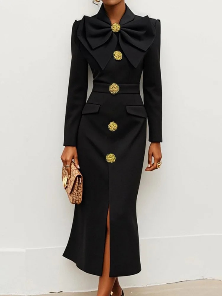 Freeacy Womens Formal Evening Dress Bow Tied Buttoned Long Sleeve Slim Fit Anklelength Female Fashion Party Dresses 250317