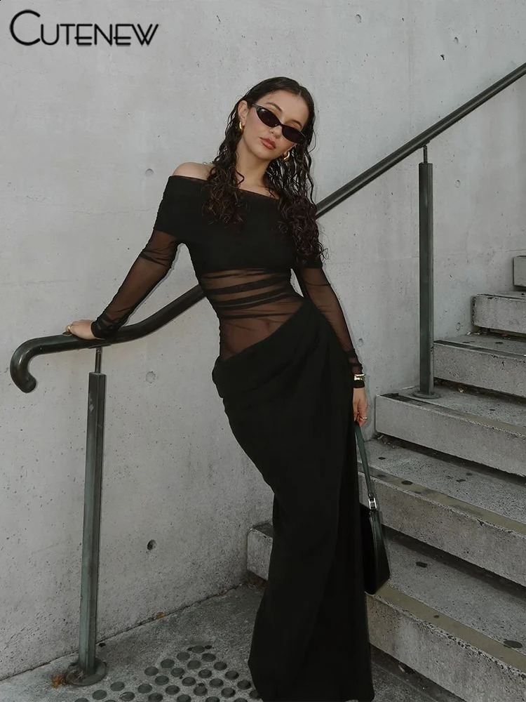 Cute Mesh Ruched Women Maxi Dress Sexy See Through Off Shoulder Long Sleeve Sheath Vestidos Female Midnight Party Solid Robe 250319
