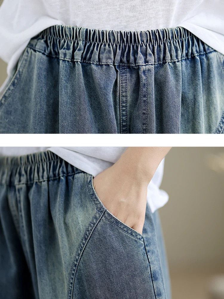 Plus Size Denim Jeans For Women Autumn Arrivals High Elastic Waist Embroidery Streetwear Harem Pants Women 250319