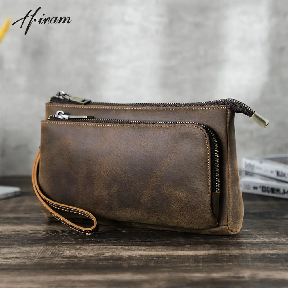 Cowhide mens clutch bag genuine leather business travel handbag large capacity cable organizer wallet retro style 250317