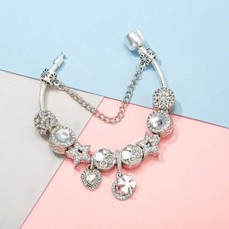Vintage Silver Crystal Lucky Grass Star Beads Pendant DIY Snake Chain Charm Bracelet For Women Lover Party High Quality Jewelry