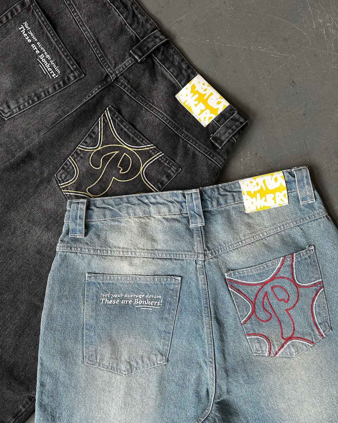 Protective jeans Y2K mens hip-hop letter embroidered pocket jeans new punk rock high waist wide leg Trouser streetwearT250319