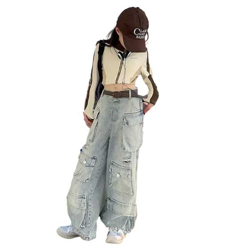 2024 Vintage Baggy Work Jeans Causal Wide Leg Trousers Girl Grunge Washed Multiple Pockets Denim Cargo Pants Low Rise SweatwearT2502320