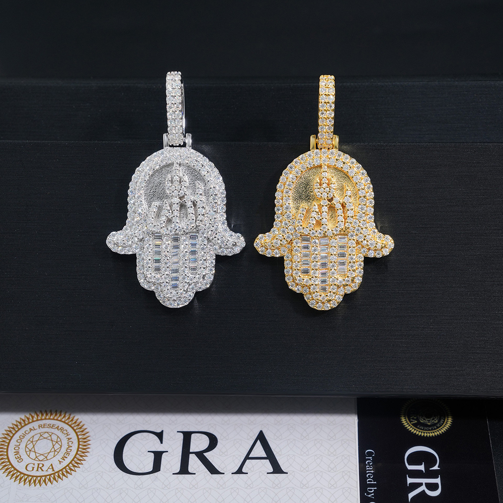 925 Silver Iced Out Baguette Moissanite Hamsa Hand Pendant Hip Hop Simulated Diamond Fatima Pendant with Allah Sign 14k Gold