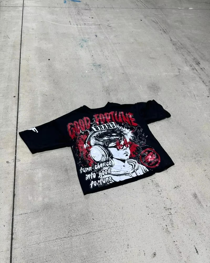 Mens Round Neck Short Sleeve Anime Print TShirt Harajuku Rock Hiphop Mode Oversized Shirt High Street Trend Y 2K Top 250320