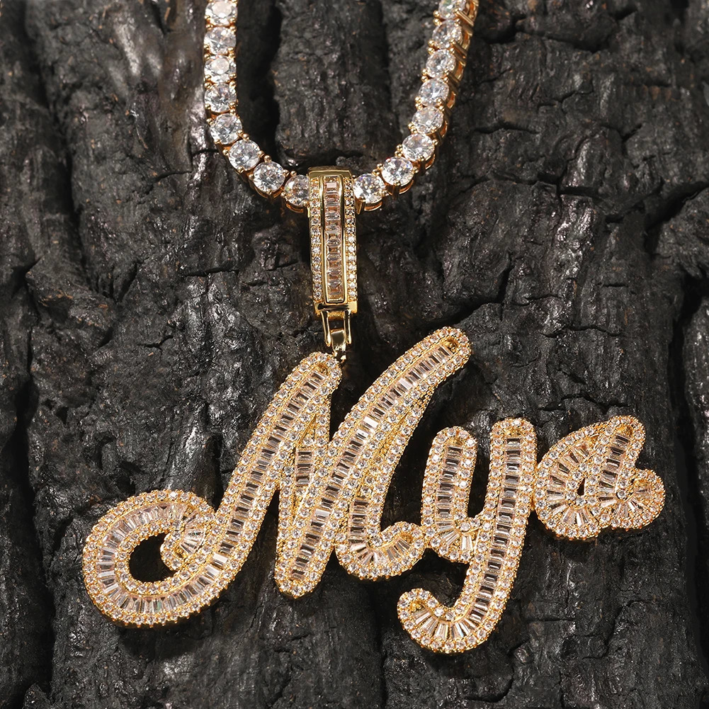 THE BLING KING Custom Brush Cursive Letter Name Pendant Necklace Iced Out Bageutte Cubic Zirconia Chain Necklace Hiphop Jewelry 250320