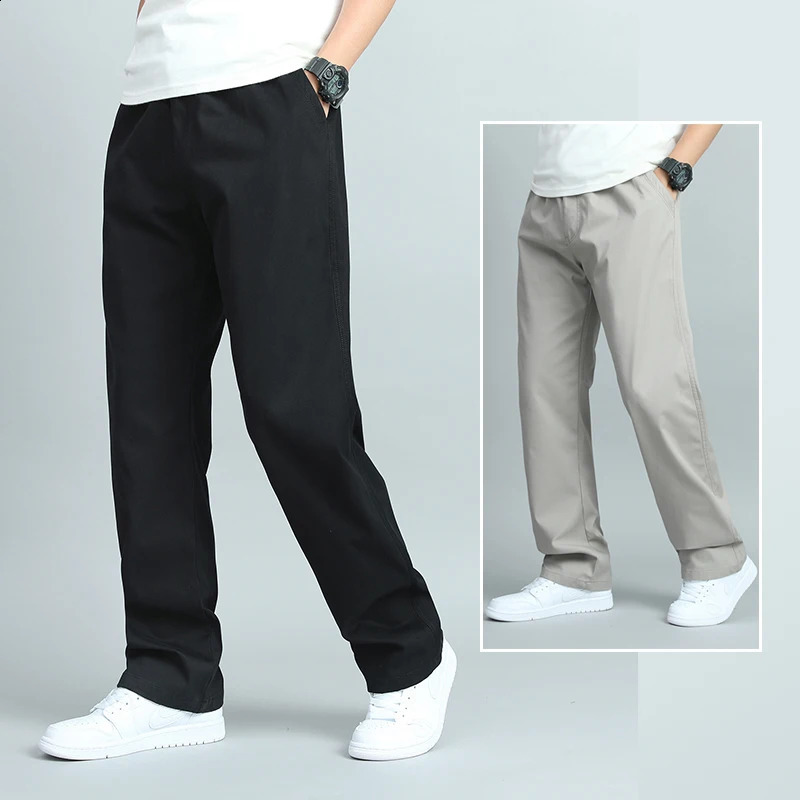 Large mens casual cotton pants loose fit straight with multiple pockets jogging summer and autumn 250319