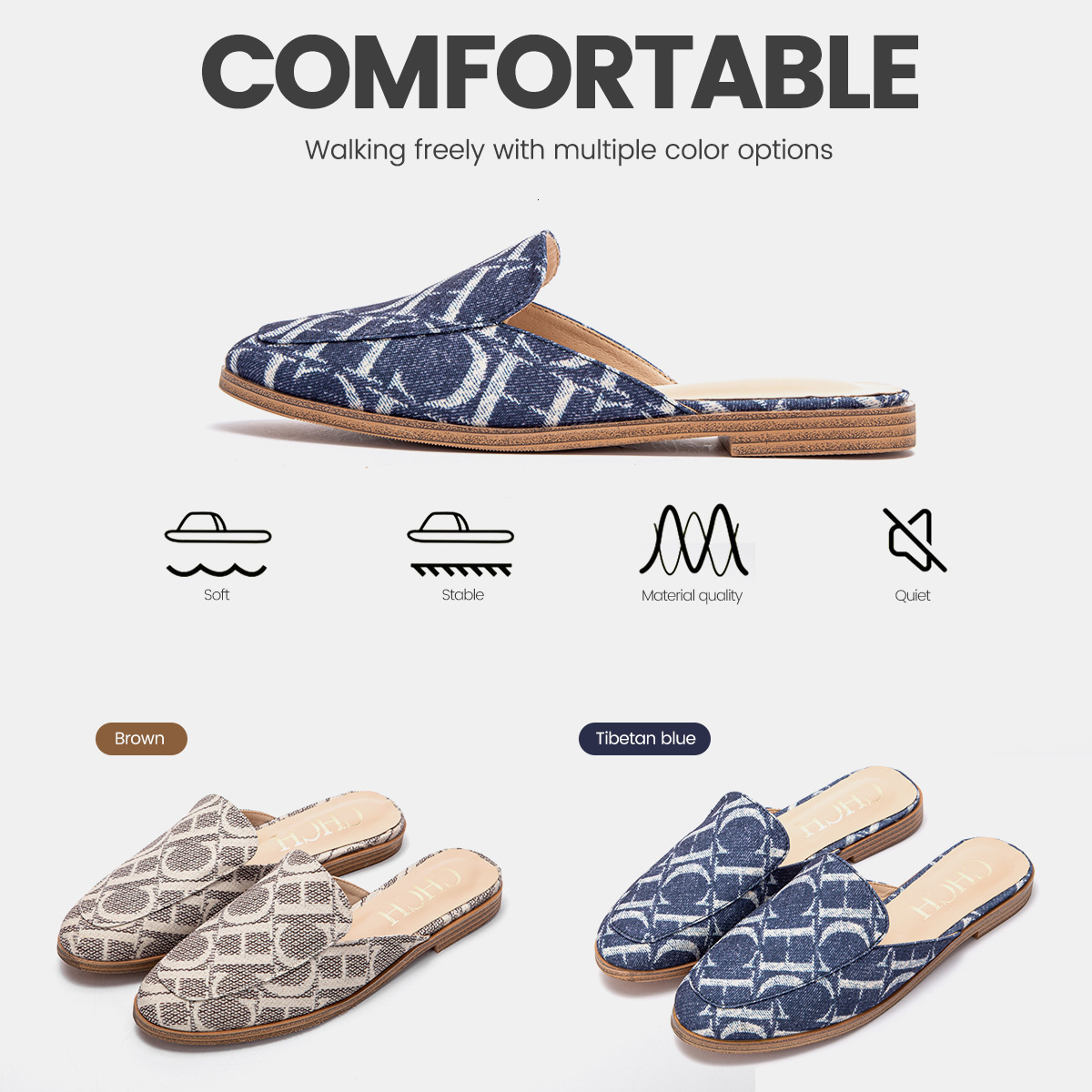 Designer CHCH Letter Printed Women's Fashionable Single Shoes With Simple Design, Versatile Outdoor Slippers, Comfortable