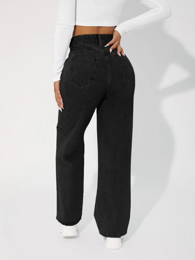 Denimcolab high waisted straight pants fashionable hole knee jeans womens loose boyfriend jeans womens streetwear 250314