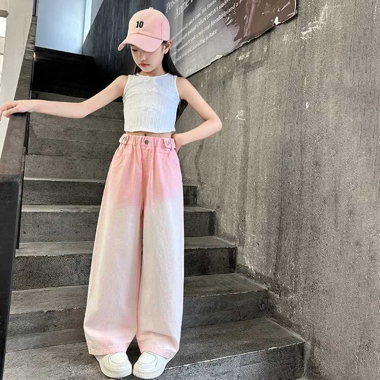 New Spring Childrens Girls Pink Gradient Pants Childrens Fashion Candy Colors Street Trouser Youth Straight Matching Cotton Sports PantsT250326