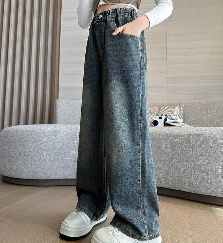 Girl Pocket Bow Embroidery Jeans New Teenage Children Wide Leg Denim Pants for Kids Loose Trousers Spring Autumn 4-14 YearsT250326