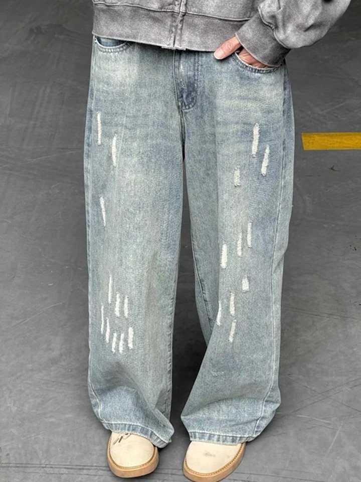 Yao888 Cleanfit style washed vintage casual pants wide leg pants with ripped holes and loose pockets for streetwear unisex mens jeansT250319