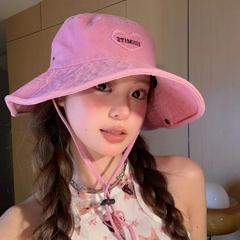 Japanese Retro Washed Cowboy Hats for Women Spring and Summer Outdoor Camping Sun Protection Sweet Pink Love Bucket Caps 250320