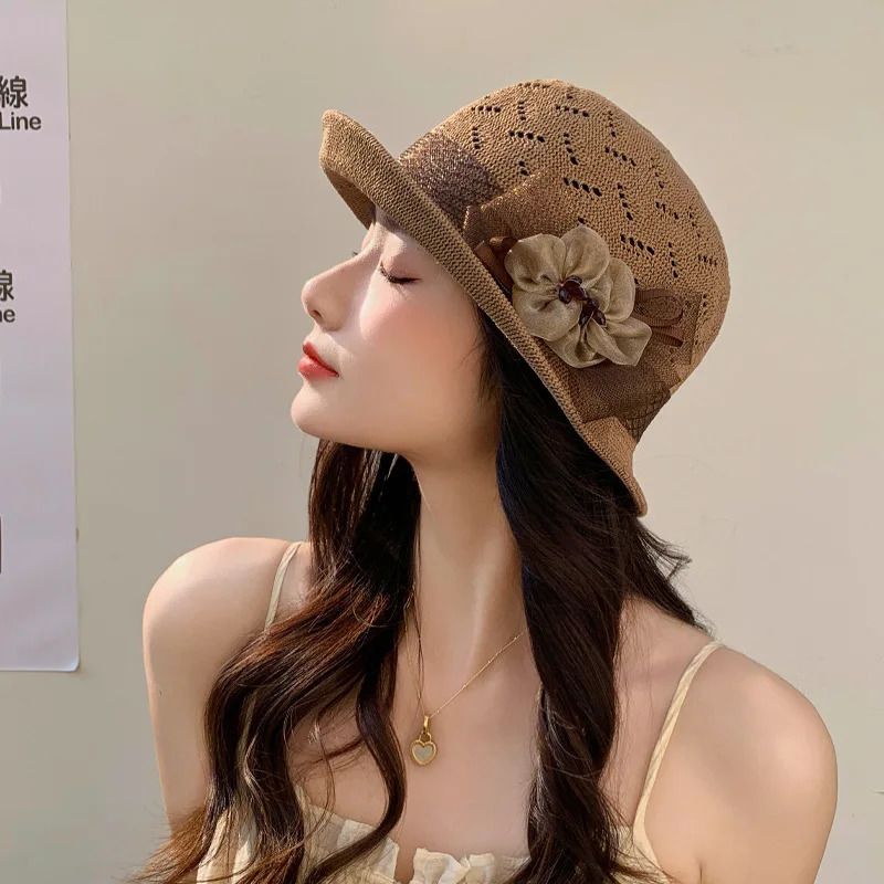 Elegant and Dignified Temperament Upturned Edge Flower Pot Hat Summer French Hat Womens Sunscreen Sun Hat 250320