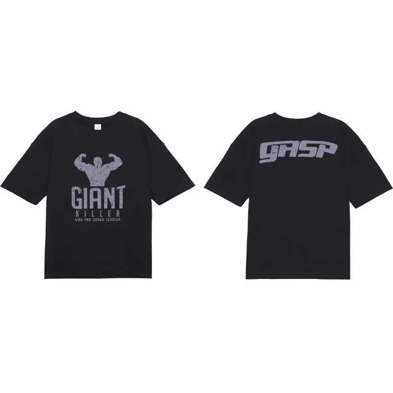 Big Shark Mens Fitness Wide and Heavy Cotton Round Neck Casual Sports Short Sleeve T-shirt Cotton Fitness Short Sleeve TopT250319