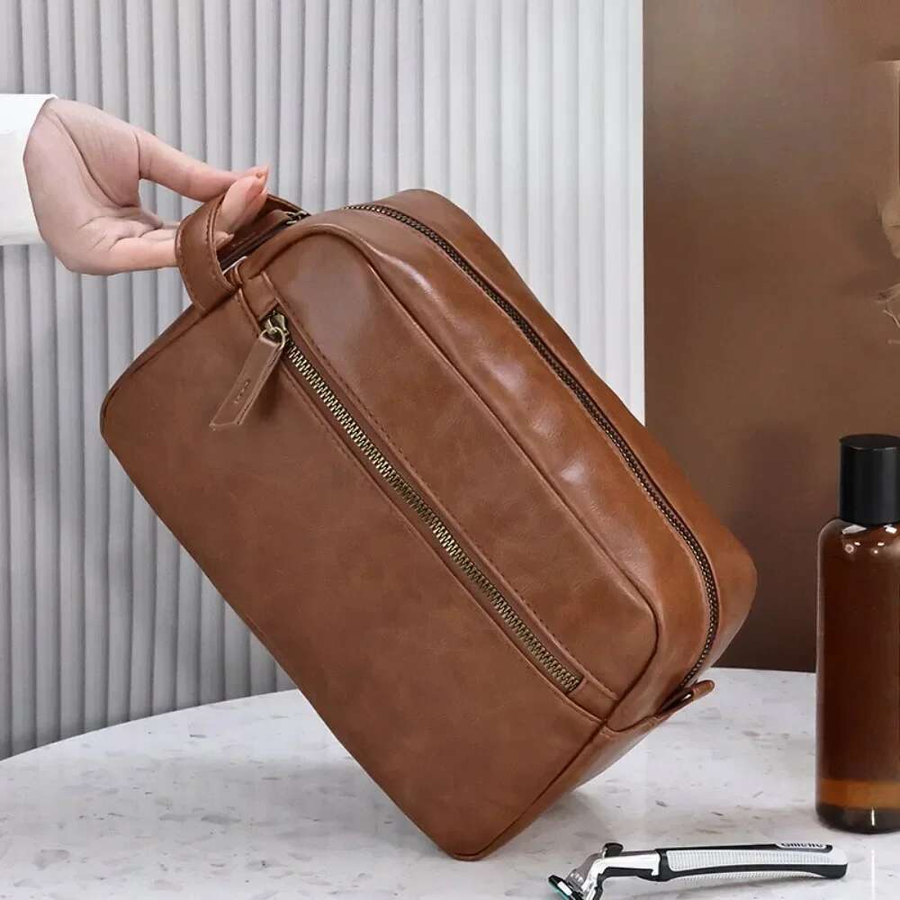 Men Business Travel Wash Toiletry Waterproof PU Leather Bathroom Shaving Tools Organizer Women Makeup Pouch Cosmetic Bag