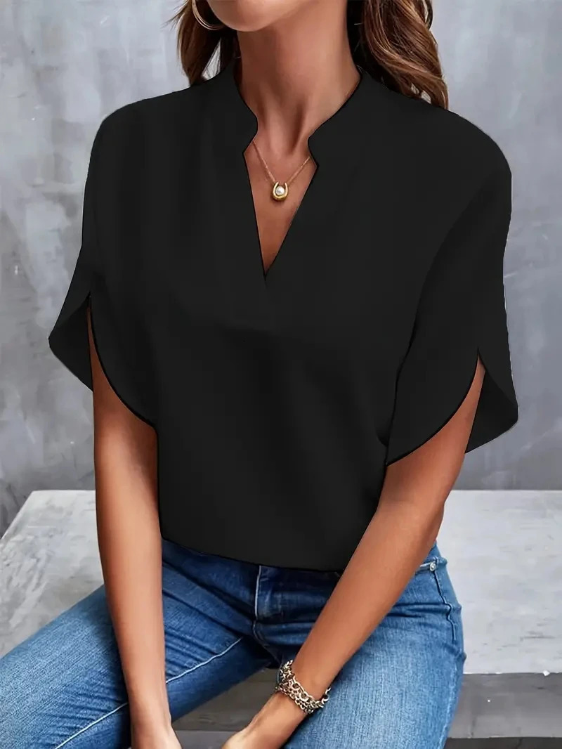 Women Elegant Solid Chiffon Blouse Spring Summer Casual Long Sleeve V Neck Loose Shirt Office Lady Tunics Oversized Tops 250320
