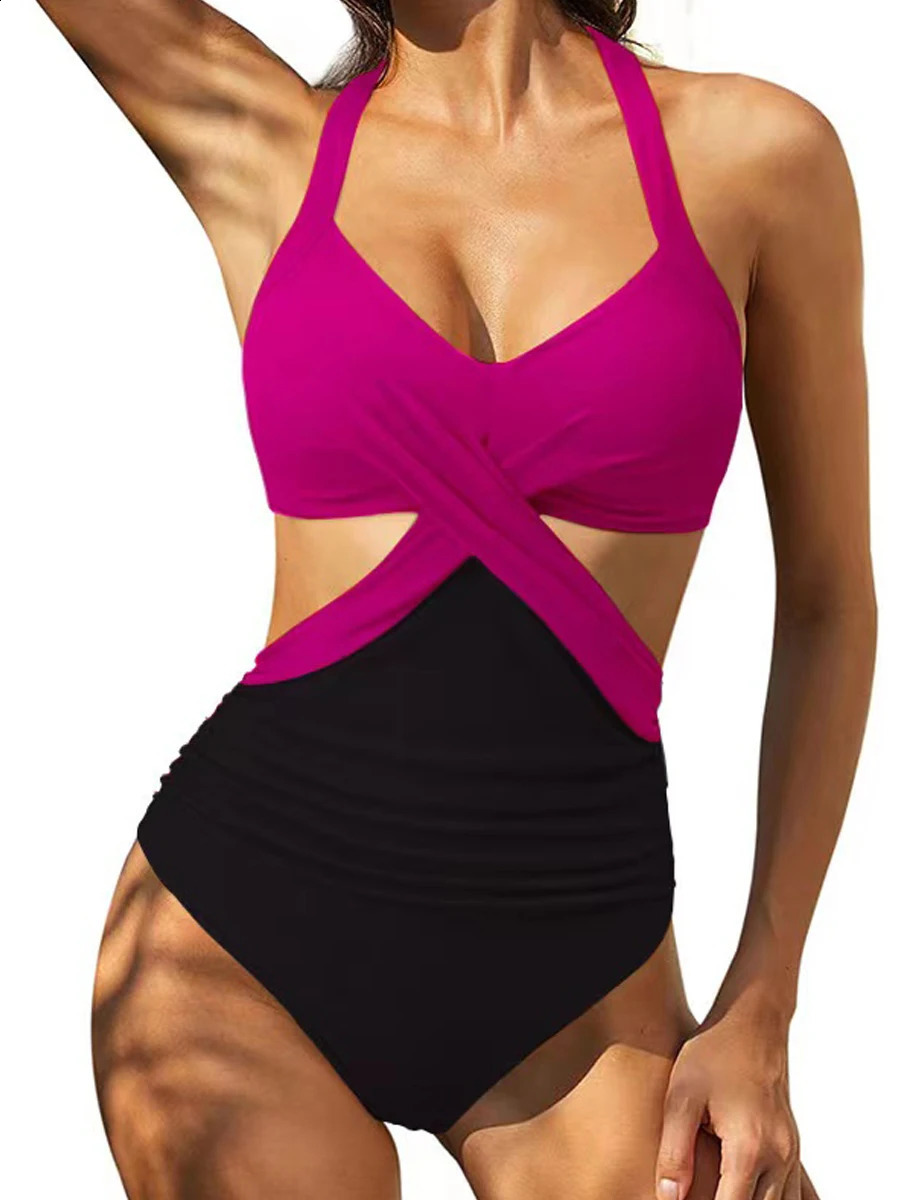 2025 Solid Printed Swimwear Women Halter Swimsuit Female Swimming Monokini Suit Padded Beachwear Bodysuit Summer 250312