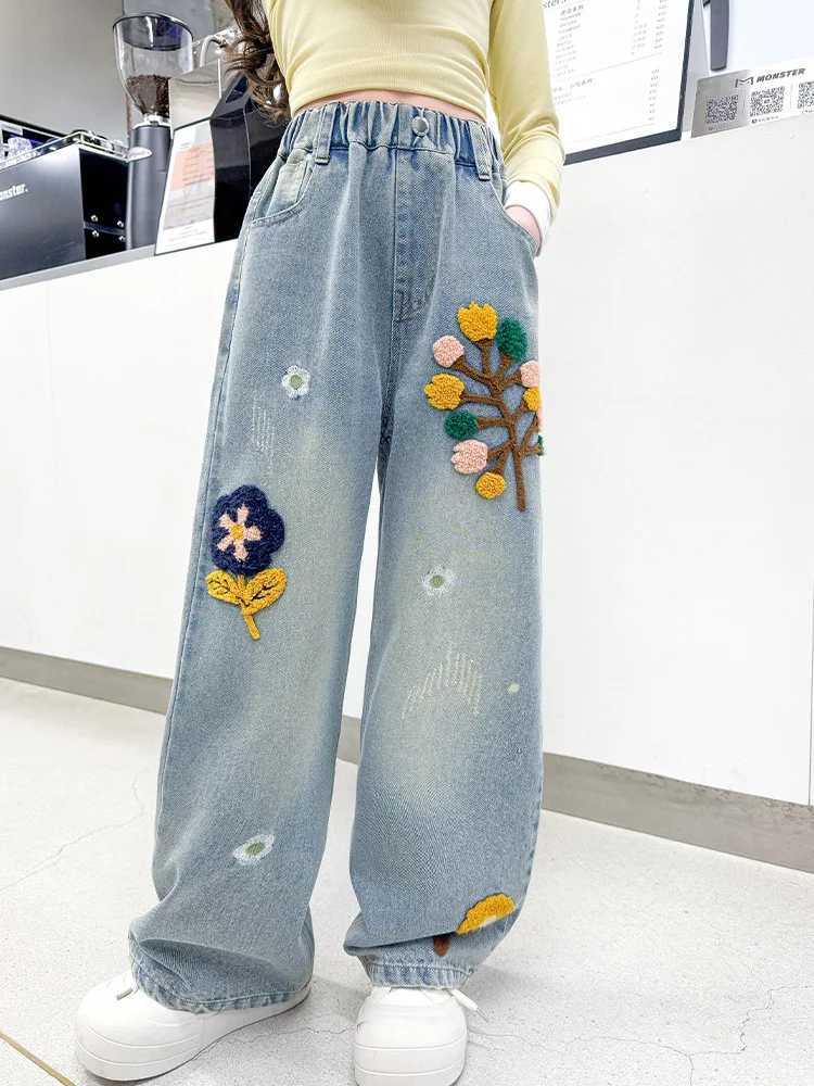 Spring Kids retro blue jeans with decals suitable for girls new casual outdoor denim pants slim fit loose jeans suitable for teenagersT250326