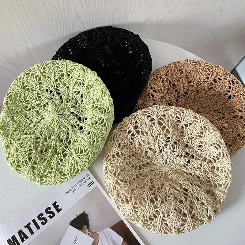Women Handmade Crochet Beret Cap Solid Color Hollow Out Sweet Floral Weave Lady Leisure Vintage Slouchy Painter Hat 250320