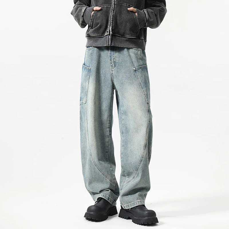 IEFB Korean Style Mens Machete Pants Denim Side Pockets Patchwork Pants Solid Color Casual Loose Straight Male Jeans Chic 9W505T250319