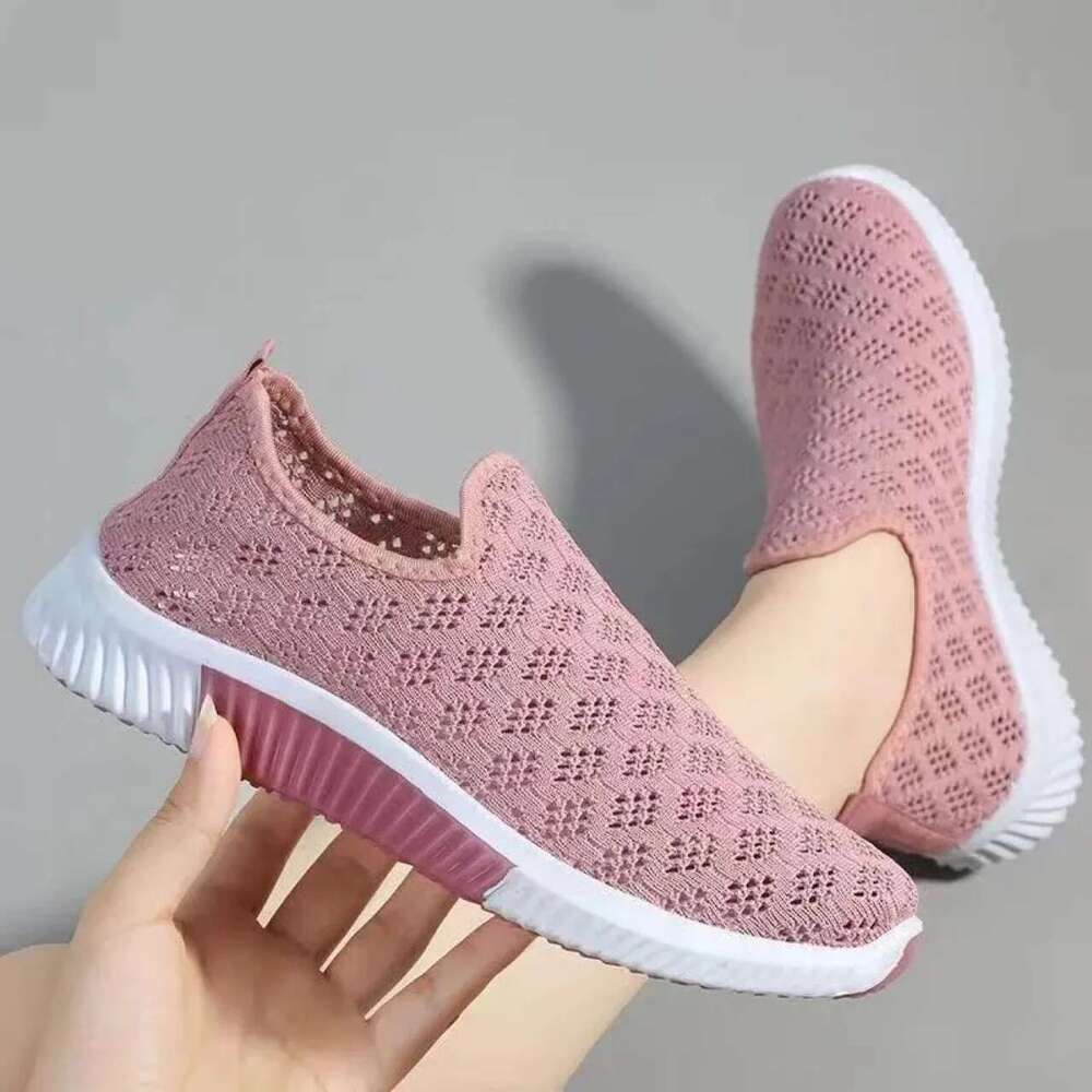 Summer Korean Mesh Comfortable Wo men Breathable Hollow Sports Walking Sneakers Cas ual Flat Ladies Solid Shoes 2023