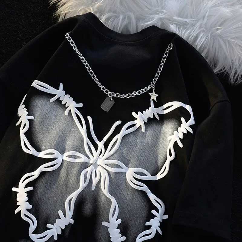 Retro butterfly collar cotton T-shirt short sleeved American style womens summer fashion street couple retro topT250320