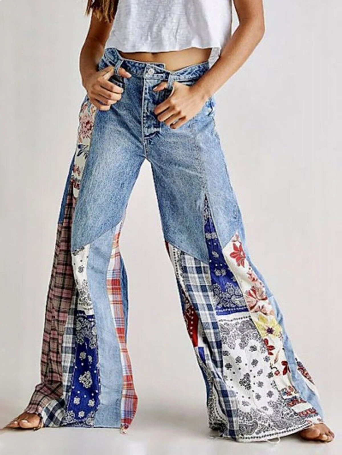 Womens Print Patchwork Wide Leg Jeans Pockets Vintage High Street Vintage Harajuku Denim Trouserse Autumn Plus Size Jeans 250319