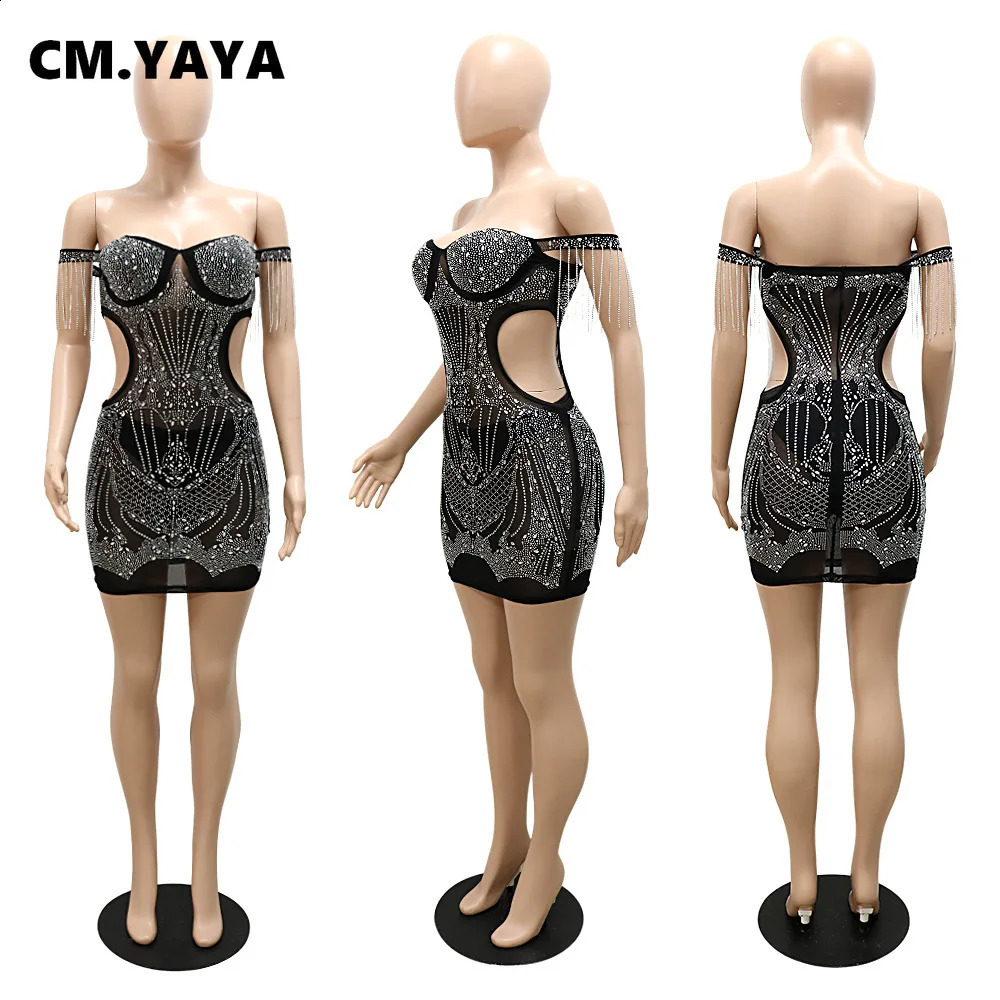 CMYAYA Womens Diamond Mesh Through Shoulders Tassel Sleeves Body Midi Dress Sexy Night Party Style 250317