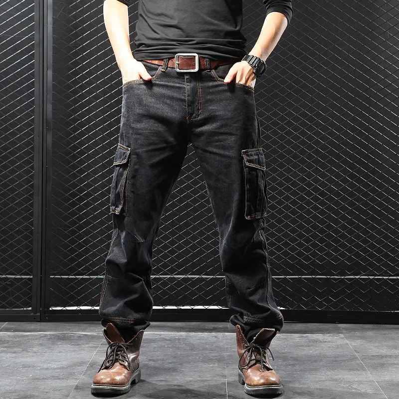 Mens autumn/winter multi pocket straight leg cargo pants loose fit plus size Plus Beefy jeans casual and comfortable denim jeans denim shorts 250314