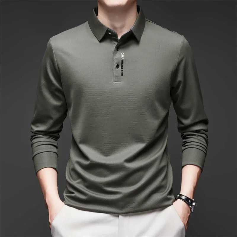 mens business casual long sleeved shirt with badge solid color polo fashionable breathable and comfortable lapel top 250318