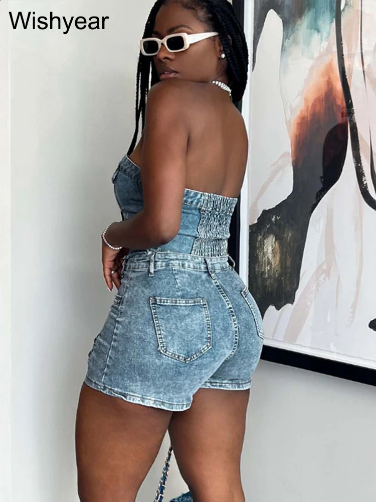 Fashion Pocket Irregular Shorts and Tube Tops 2 Two Piece Sets Denim Stretch Women Summer Birthday Club Outfit Female Streetwear 250319