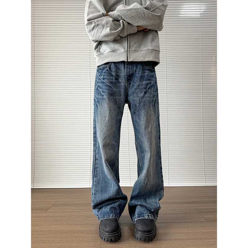 Pocket jeans mens denim pants blue acid washed mens jeans straight casual mens loose wide leg Trousers 2024 new mop pantsT250319