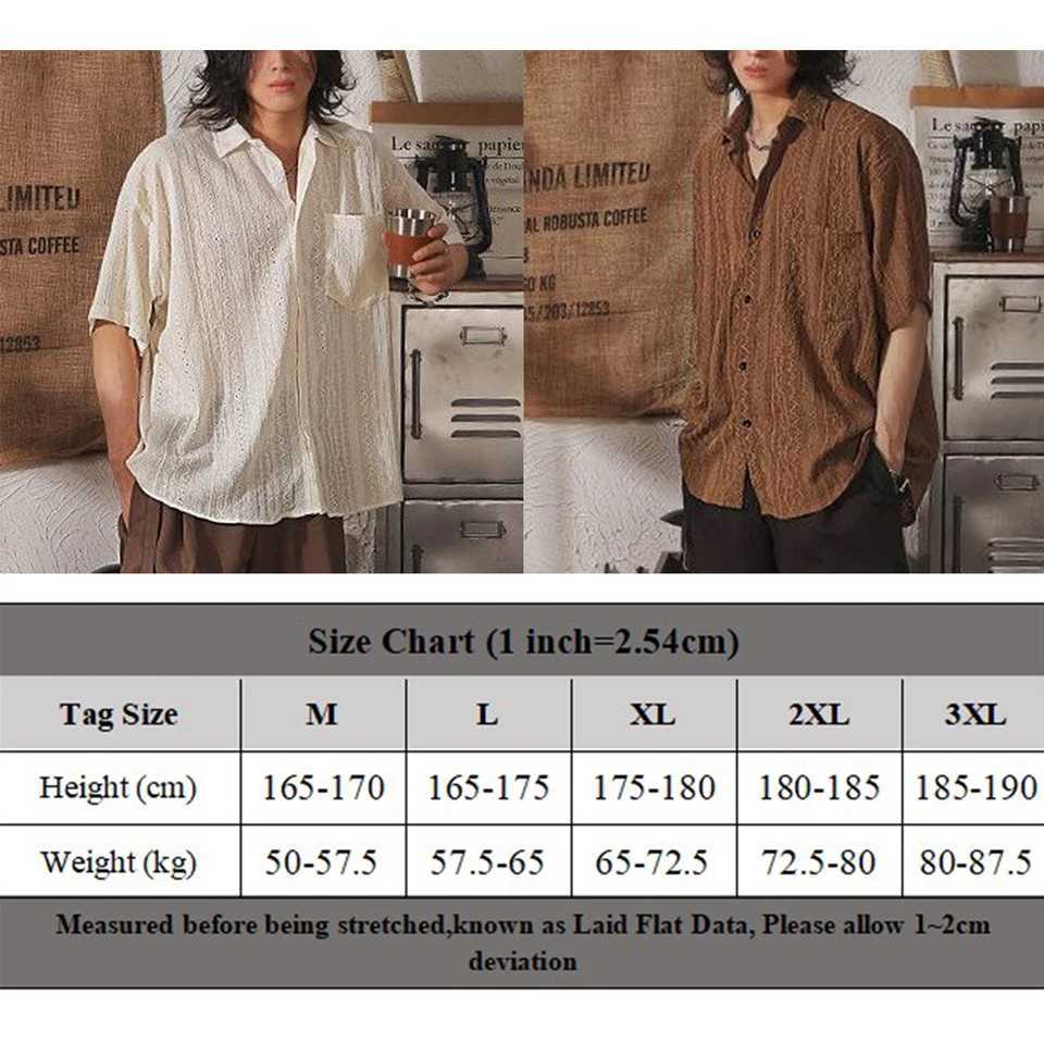 Mens casual loose hollow short sleeved shirt with pockets vintage fashion vacation/daily full matching top solid color M250320