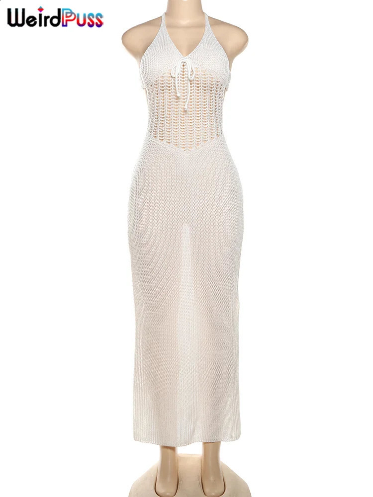 Weird Puss Crochet Sheer Women Dress Halter V Neck Backless Bandage Elastic Sheath Sexy Robe Summer Vacation Dating Bodycon 250319