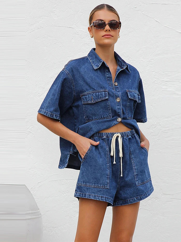 Casual Denim Shorts Womans Set Versatile Lapel Loose Single Breasted Cowboy Shirt Drawstring Pants Sets Female Two Piece 250320